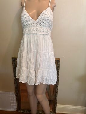aerie White Crochet Tiered Mini Dress